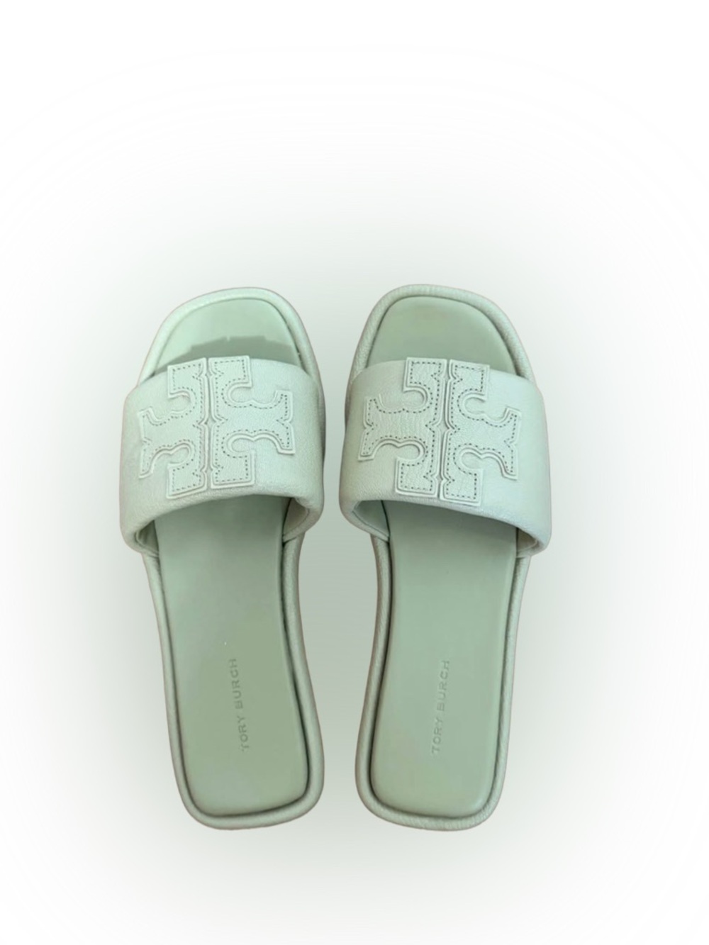 Tory Burch Sage Green Leather Logo Slide Sandals